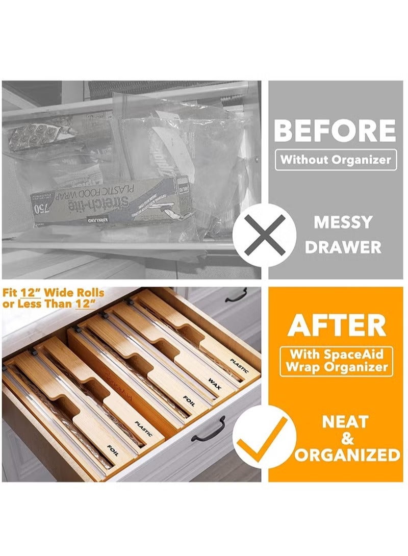 MIXDE 3 in 1 Bamboo Wood Plastic Aluminum Foil, Food Wrap Dispenser and Wax Paper Roll Organizer Holder with Slide Cutter  - Image 2