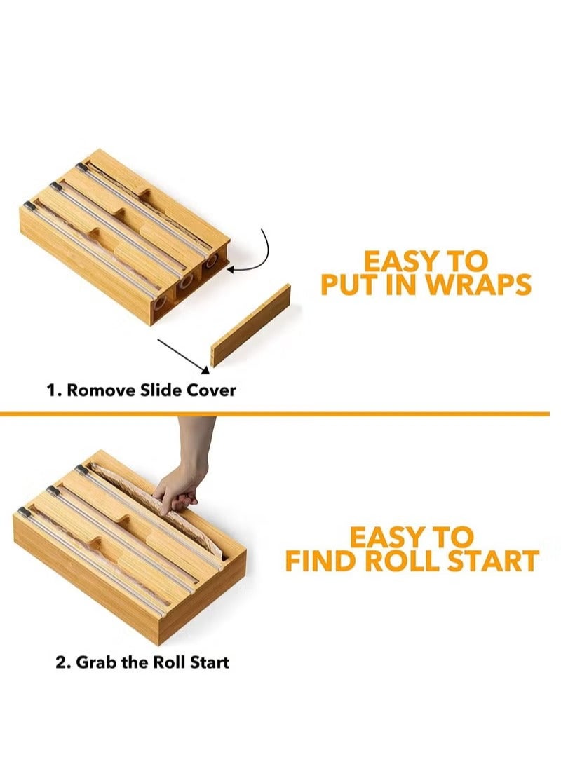 MIXDE 3 in 1 Bamboo Wood Plastic Aluminum Foil, Food Wrap Dispenser and Wax Paper Roll Organizer Holder with Slide Cutter  - Image 3