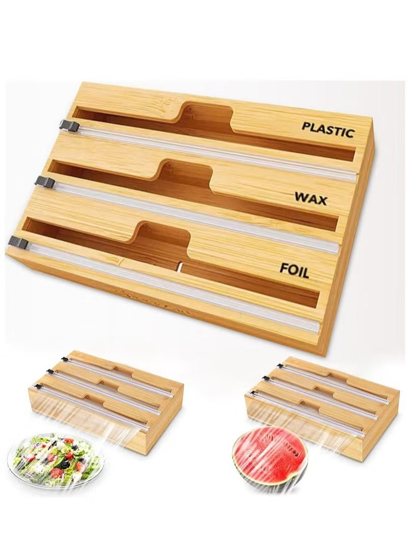 MIXDE 3 in 1 Bamboo Wood Plastic Aluminum Foil, Food Wrap Dispenser and Wax Paper Roll Organizer Holder with Slide Cutter  - Image 1