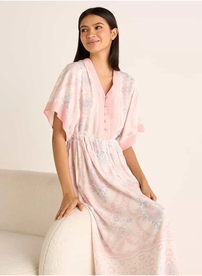 سبلاش فيڤ Printed Night Dress with V-neck and Tie-Up Detail