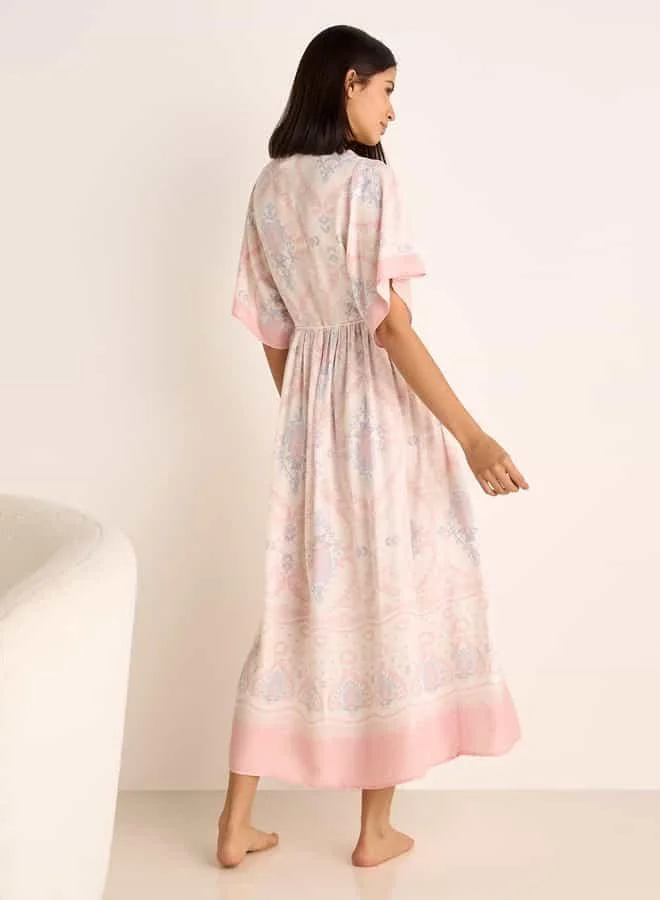 سبلاش فيڤ Printed Night Dress with V-neck and Tie-Up Detail