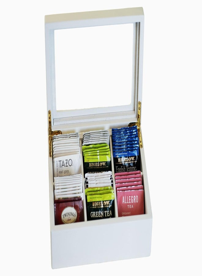 Break Tradition Wooden Tea Organizer For Tea Bags - Wooden Tea Chest With 6 Compartments - Clear Top Window - Lid Stays Open (White) - Image 1