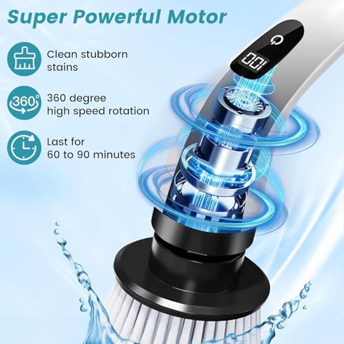 GM Venture Electric Spin Scrubber,Cleaning Brush Scrubber for Home, 400RPM/Mins-9 Replaceable Brush Heads-90Mins Work Time,Adjustable Size,2 Adjustable Speeds for Bathroom Shower Bathtub (Multicolour) - Image 4