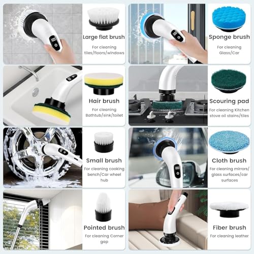 GM Venture Electric Spin Scrubber,Cleaning Brush Scrubber for Home, 400RPM/Mins-9 Replaceable Brush Heads-90Mins Work Time,Adjustable Size,2 Adjustable Speeds for Bathroom Shower Bathtub (Multicolour) - Image 2