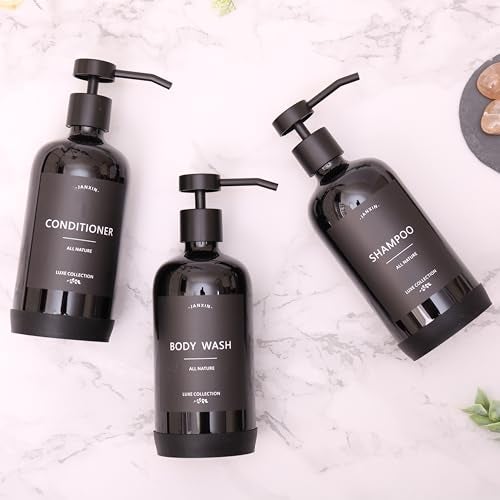Janxin Shampoo and Conditioner Dispenser Set of 3Refillable 21oz Shampoo Bottles with NonSlip Protective Silicone PadShower Soap Dispenser with Waterproof Labels for Bathroom Black - Image 3