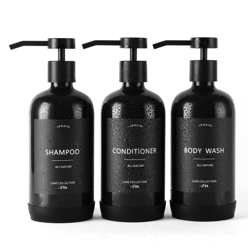 Janxin Shampoo and Conditioner Dispenser Set of 3Refillable 21oz Shampoo Bottles with NonSlip Protective Silicone PadShower Soap Dispenser with Waterproof Labels for Bathroom Black - Image 2