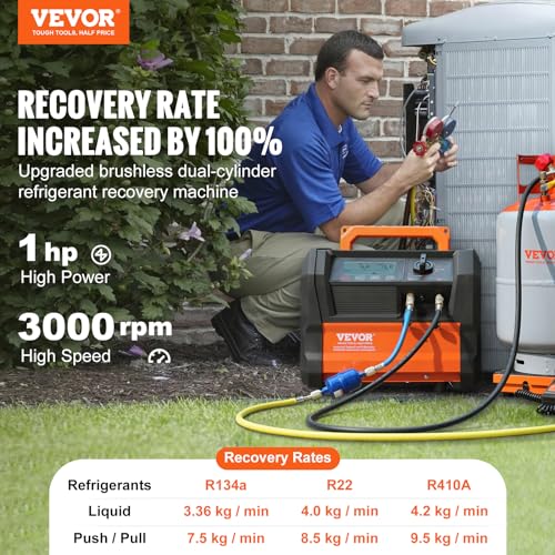 VEVOR Refrigerant Recovery Machine, 1 HP Dual Cylinder Portable AC Recovery Machine with 3000rpm Brushless Motor, Freon Refrigerant Recycling Tool for Automotive, Air Condition, Household HVAC - Image 2