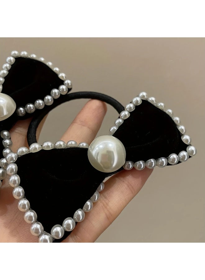 Goolsky Simple and elegant pearl Velor velvet bow hair ring for women, retro and versatile, high-end bun hair accessory, daily wear, birthday and Valentine's Day gift - Image 3
