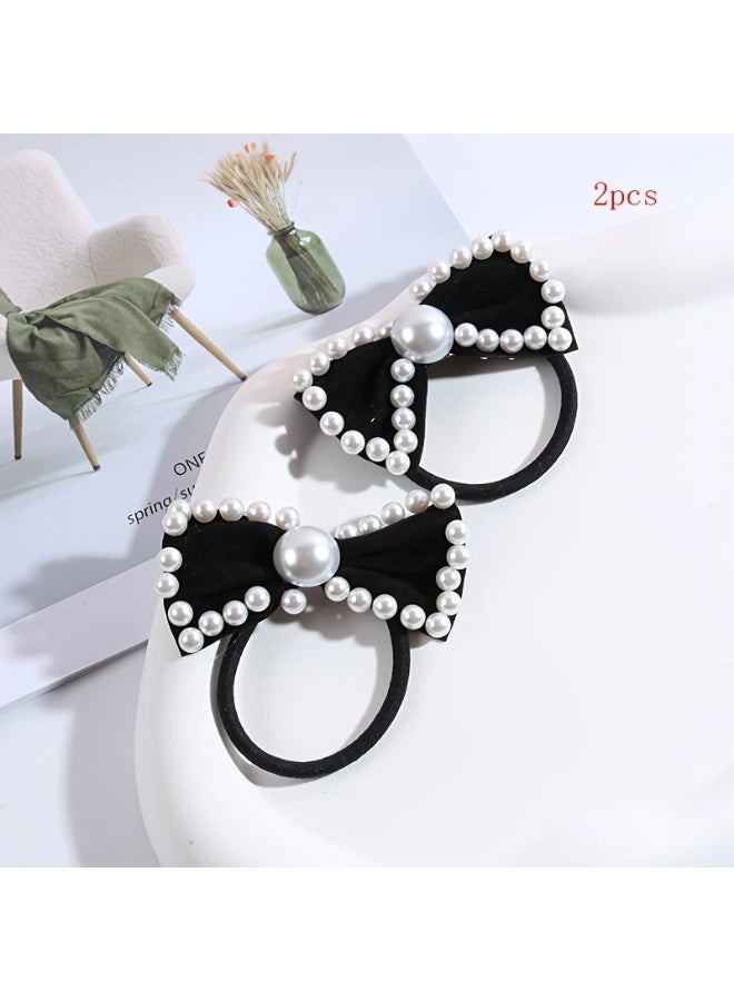 Goolsky Simple and elegant pearl Velor velvet bow hair ring for women, retro and versatile, high-end bun hair accessory, daily wear, birthday and Valentine's Day gift - Image 2