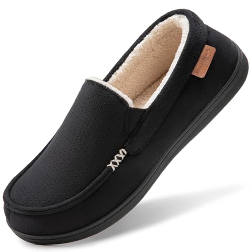 HomeTop Men's Classic Moccasin Slippers Comfy Memory Foam Indoor House Shoes Black,11 US - Image 1