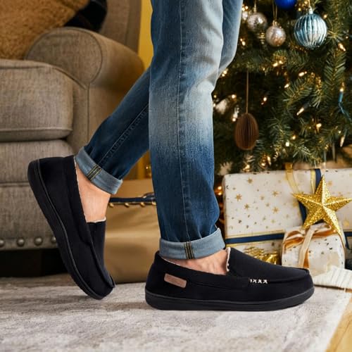 HomeTop Men's Classic Moccasin Slippers Comfy Memory Foam Indoor House Shoes Black,11 US - Image 2