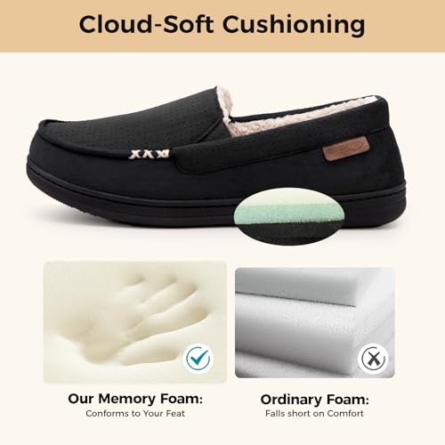 HomeTop Men's Classic Moccasin Slippers Comfy Memory Foam Indoor House Shoes Black,11 US - Image 4