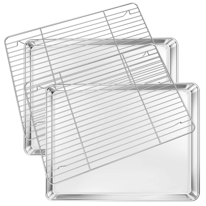 مجموعة صينية الخبز ديدرو مع رف 2 صينية 2 رفوف من الفولاذ المقاوم للصدأ صينية خبز صواني بسكويت صينية فرن مع رف تبريد 16 × 12 × 1 بوصة متينة غير سامة سهلة التنظيف
