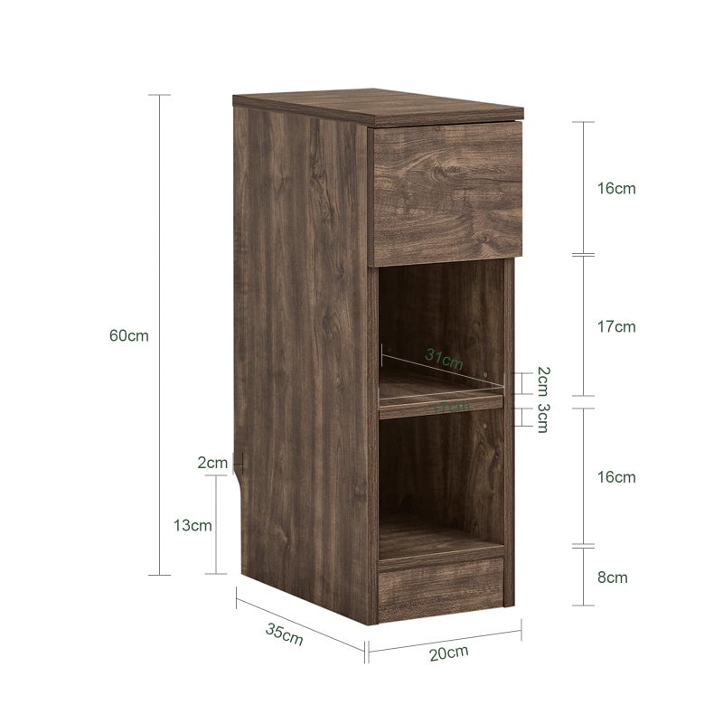SoBuy Narrow Nightstand Slim Bedside Table with Drawer and Open Shelf, Skinny Modern Nightstand for Bedroom, Compact Side Table for Tight Corners and Small Spaces, Brown FBT111-SN - Image 4