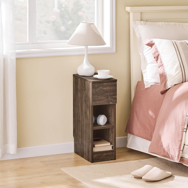 SoBuy Narrow Nightstand Slim Bedside Table with Drawer and Open Shelf, Skinny Modern Nightstand for Bedroom, Compact Side Table for Tight Corners and Small Spaces, Brown FBT111-SN - Image 3