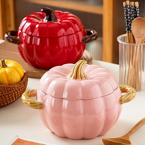 JUSTUP Dutch Oven Pot with Lid, Pumpkin Pottery Dessert Saucepan, Mini Baking Dish Cute Pumpkin Bowl, Covered Dutch Oven Ceramic Stockpot, Pumpkins-Shaped Casserole (Pink) - Image 2