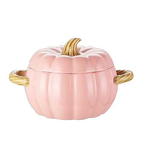 JUSTUP Dutch Oven Pot with Lid, Pumpkin Pottery Dessert Saucepan, Mini Baking Dish Cute Pumpkin Bowl, Covered Dutch Oven Ceramic Stockpot, Pumpkins-Shaped Casserole (Pink) - Image 1