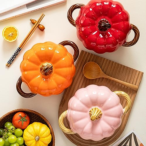 JUSTUP Dutch Oven Pot with Lid, Pumpkin Pottery Dessert Saucepan, Mini Baking Dish Cute Pumpkin Bowl, Covered Dutch Oven Ceramic Stockpot, Pumpkins-Shaped Casserole (Pink) - Image 3