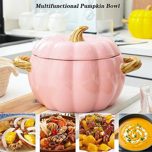 JUSTUP Dutch Oven Pot with Lid, Pumpkin Pottery Dessert Saucepan, Mini Baking Dish Cute Pumpkin Bowl, Covered Dutch Oven Ceramic Stockpot, Pumpkins-Shaped Casserole (Pink) - Image 4