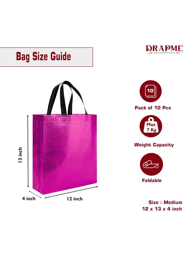 DRAPME Medium Size Pack of 10 Pcs Glossy Metallic Laminated Non-Woven Reusable Eco-Friendly Party Return Gift Bags (Hot Pink) (Medium 12x13x4 Inch) - Image 2