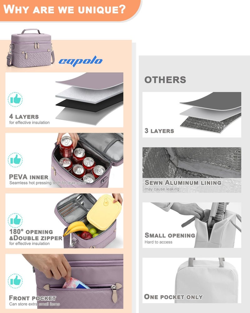 Capolo Lunch Box for Women Men Adults,Insulated Lunch Bag Leakproof Lunch Cooler Box with Removable Strap Cute Lunch Tote Bags Reusable Thermal Lunchbox for Work Picnic(Small,Purple) - Image 3