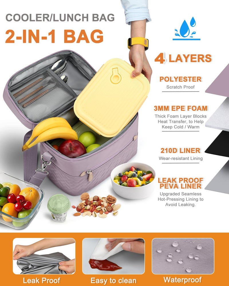 Capolo Lunch Box for Women Men Adults,Insulated Lunch Bag Leakproof Lunch Cooler Box with Removable Strap Cute Lunch Tote Bags Reusable Thermal Lunchbox for Work Picnic(Small,Purple) - Image 5