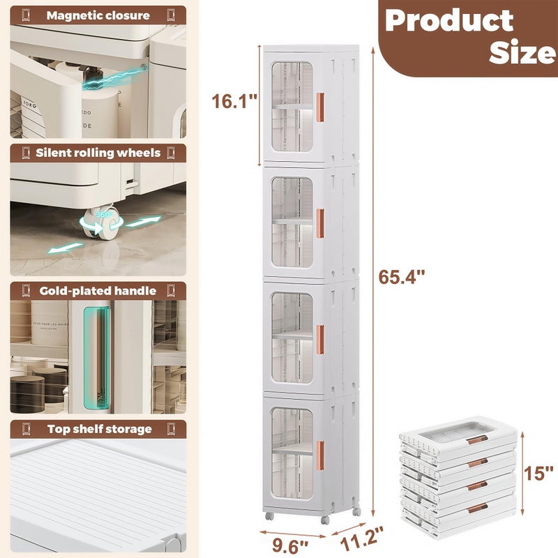 Lacusmall Tall Narrow Storage Cabinet with Movable Wheels, Adjustable Shelves & Magnetic Doors â€“ Foldable Slim Plastic Organizer for Bathroom, Kitchen, Laundry, Ideal for Small Spaces(4-Tier,White) - Image 2