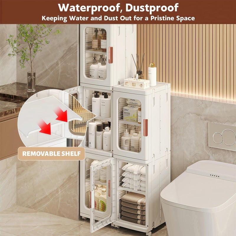 Lacusmall Tall Narrow Storage Cabinet with Movable Wheels, Adjustable Shelves & Magnetic Doors â€“ Foldable Slim Plastic Organizer for Bathroom, Kitchen, Laundry, Ideal for Small Spaces(4-Tier,White) - Image 4