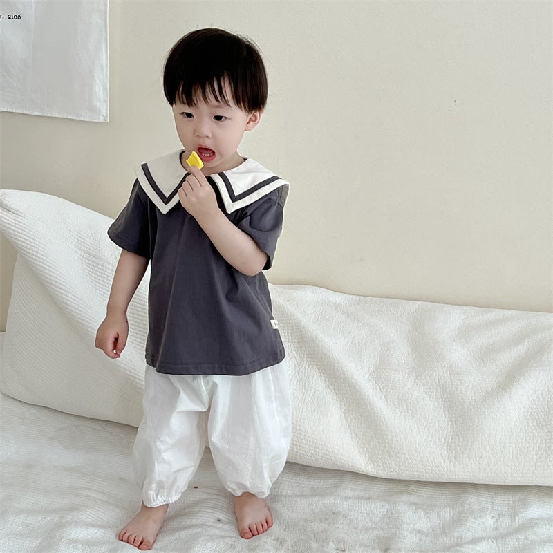 Boys Summer Wear Thin Korean Style Childrens Wear Baby Summer Academy Style Lapp T-Shirt Anti-mosquito Pants Set Baby Clothes White anti-mosquito pants