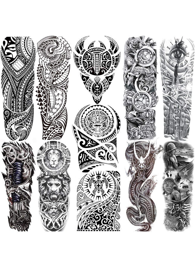 NEZAR 11 Sheets Maori Temporary Tattoo Sleeve For Men Adults Tiki Turtle Manta Waterproof Fake Tattoo Sleeves For Women Black Dragon Totem Tribal Military Long Full Sleeve Tattoos Temporary Stickers - Image 1