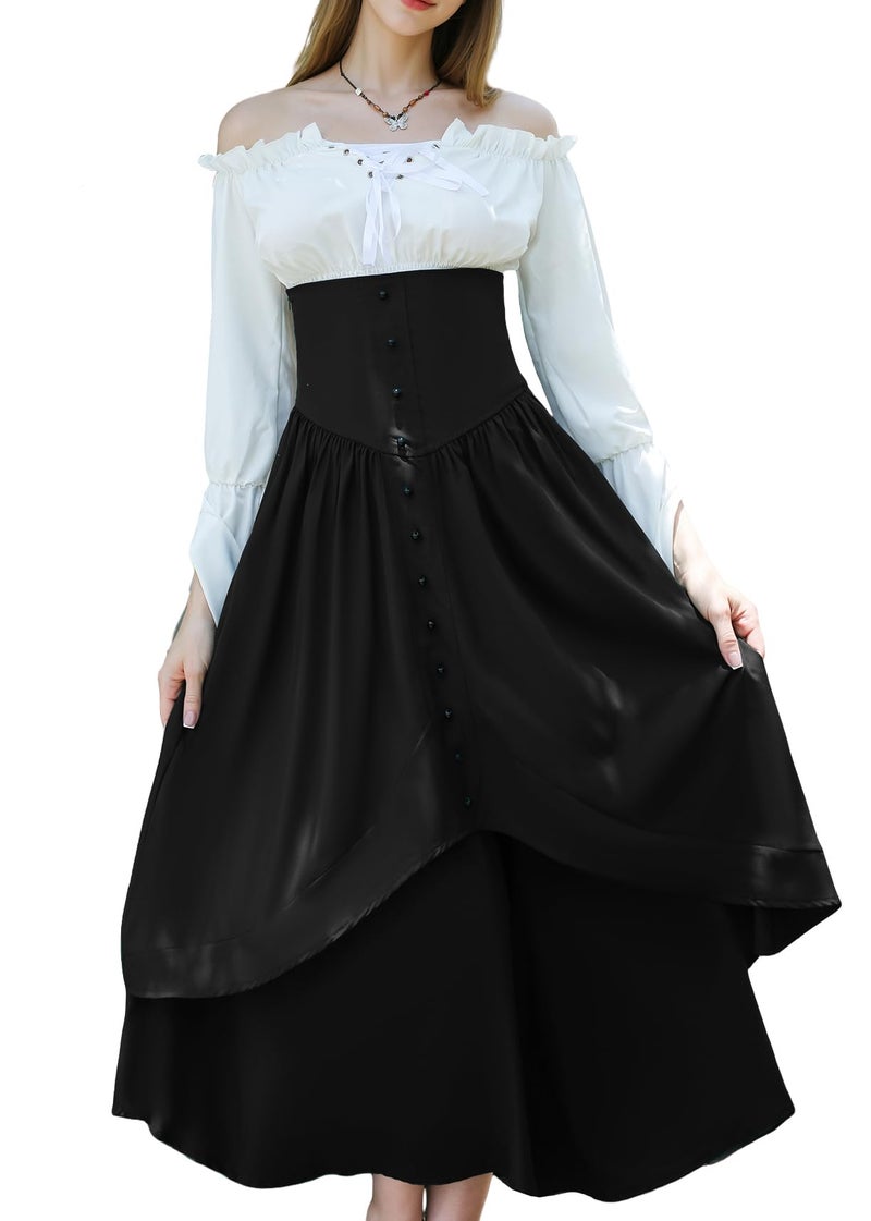 YEAXLUD Victorian-Era Inspired High-Waisted Button Skirt Ensemble Renaissance Costumes medieval dress for Women(Black-M) - Image 1