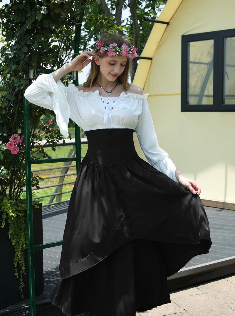 YEAXLUD Victorian-Era Inspired High-Waisted Button Skirt Ensemble Renaissance Costumes medieval dress for Women(Black-M) - Image 2