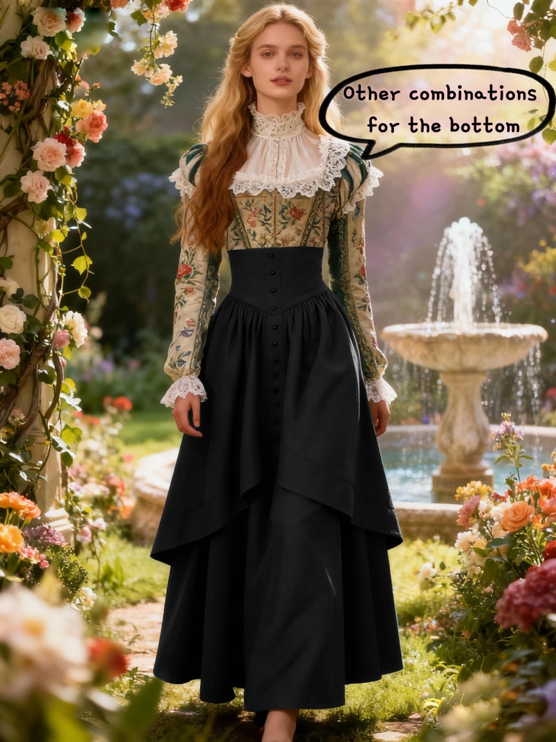 YEAXLUD Victorian-Era Inspired High-Waisted Button Skirt Ensemble Renaissance Costumes medieval dress for Women(Black-M) - Image 5