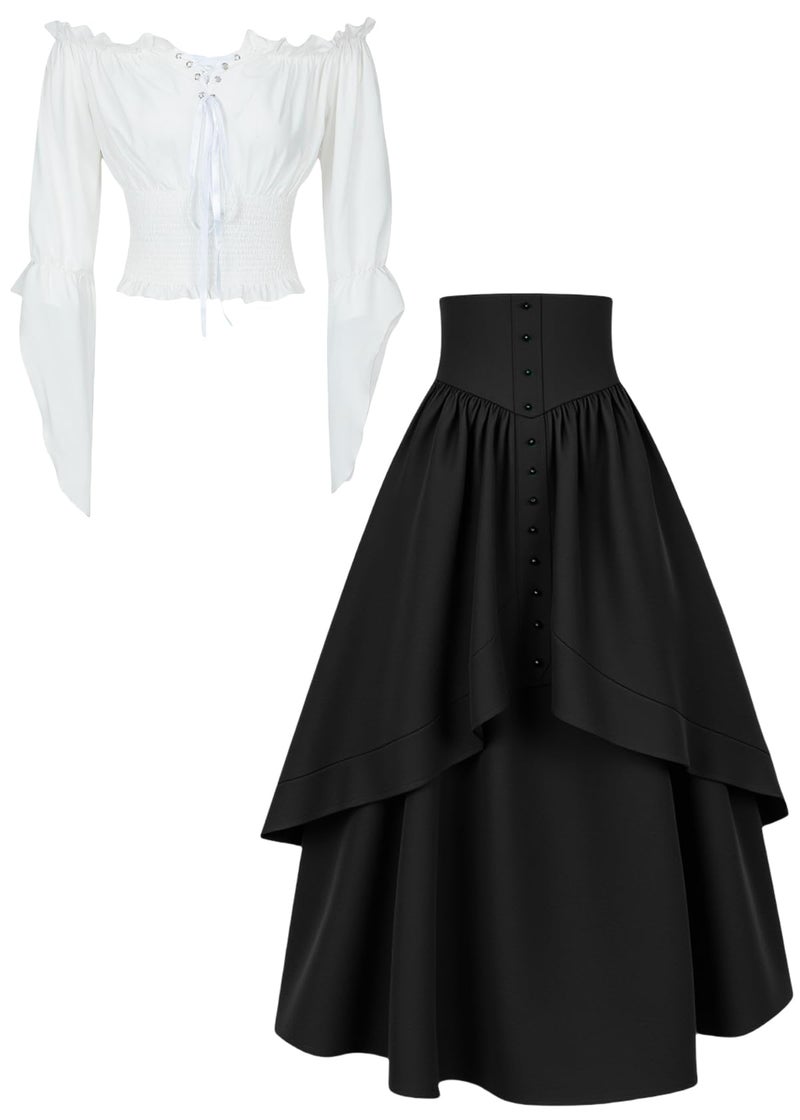 YEAXLUD Victorian-Era Inspired High-Waisted Button Skirt Ensemble Renaissance Costumes medieval dress for Women(Black-M) - Image 3