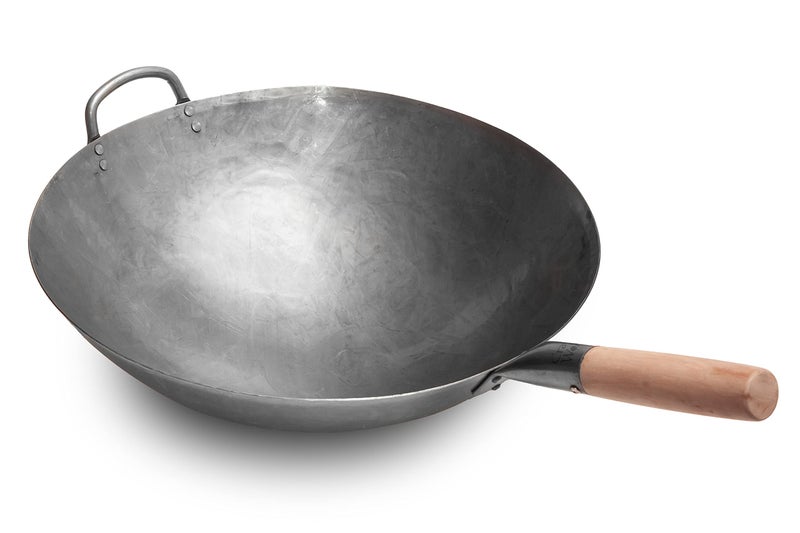 Craft Wok Big 16 Inch Heavy Hand Hammered Carbon Steel Pow Wok with Wooden and Steel Helper Handle (Round Bottom) / 731W138 - Image 1