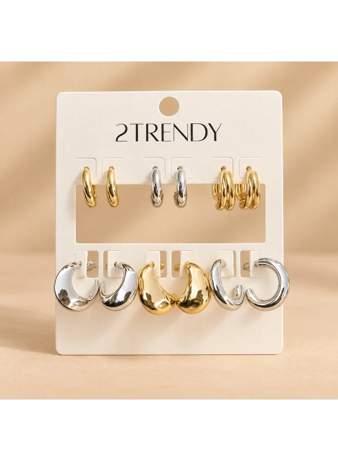 2Trendy Set of 6 Pairs Womens Gold and Silver Tone Hoop Earrings in Mixed Chunky Designs