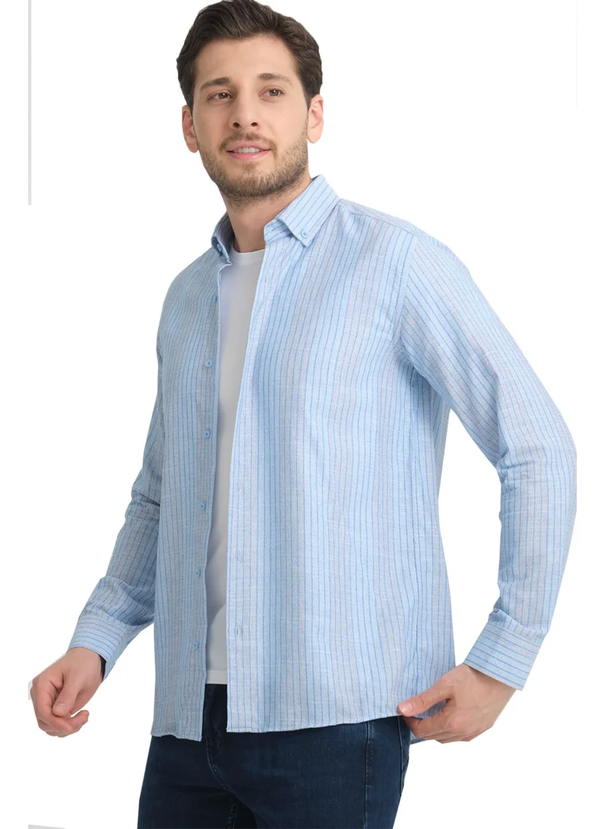Varetta Men's Blue Striped Pocketless Linen Effect Wide Cut Long Sleeve Shirt
