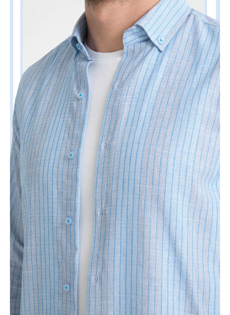 Varetta Men's Blue Striped Pocketless Linen Effect Wide Cut Long Sleeve Shirt