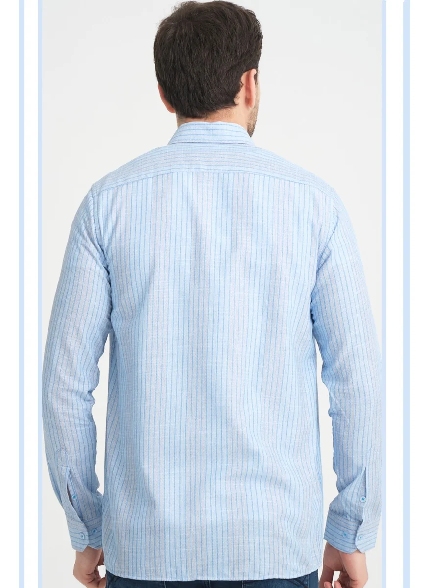 Varetta Men's Blue Striped Pocketless Linen Effect Wide Cut Long Sleeve Shirt