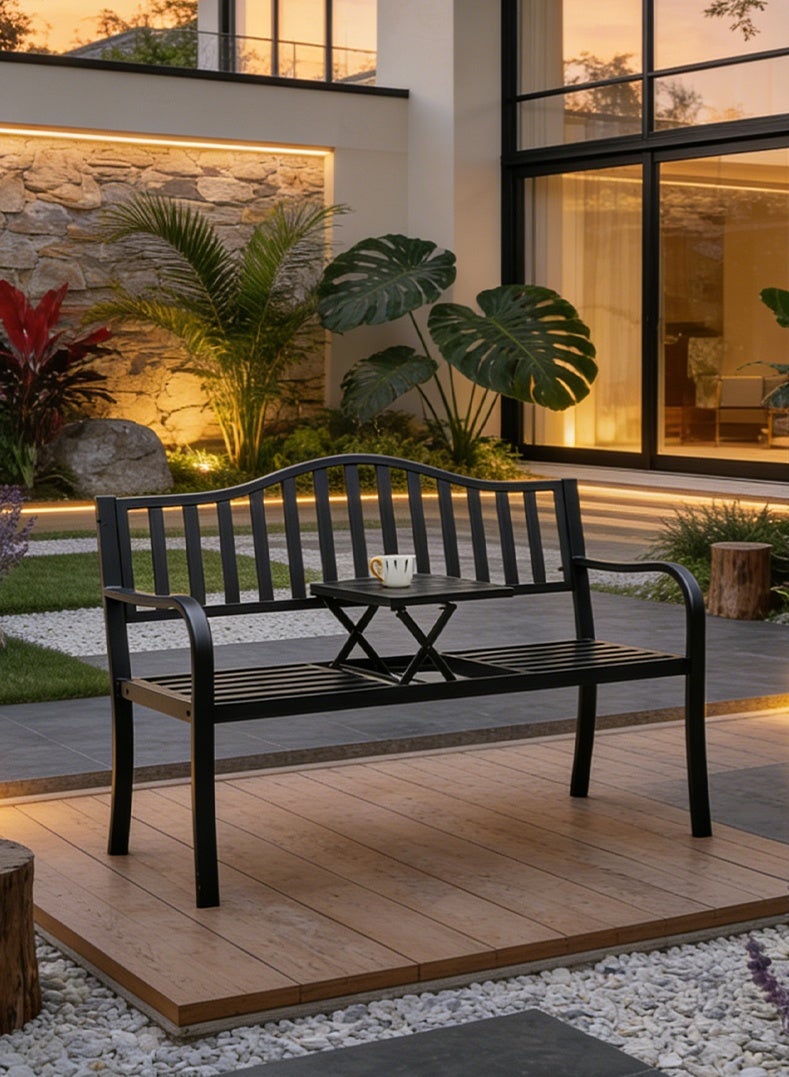 Black Outdoor Metal Bench with Adjustable Coffee Table | Weatherproof 2-Seater Patio Bench for Garden, Balcony & Backyard, Heavy-Duty 200kg Load-Bearing - Image 1