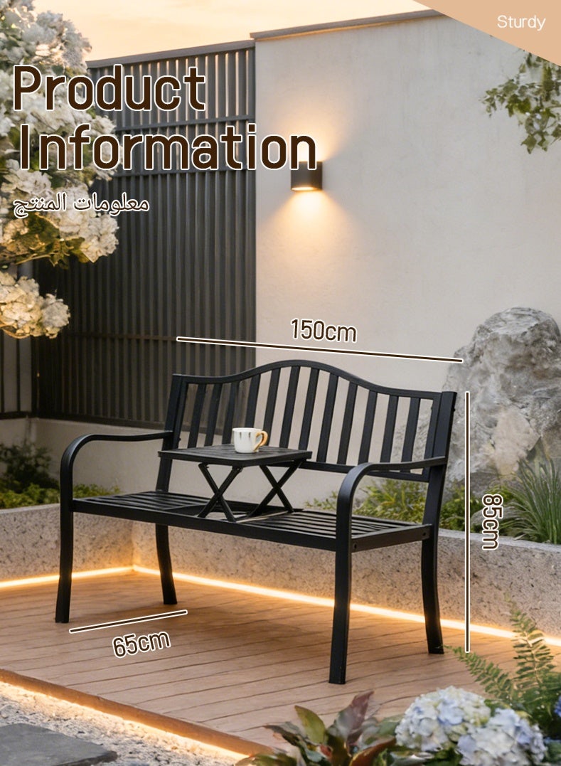 Black Outdoor Metal Bench with Adjustable Coffee Table | Weatherproof 2-Seater Patio Bench for Garden, Balcony & Backyard, Heavy-Duty 200kg Load-Bearing - Image 5