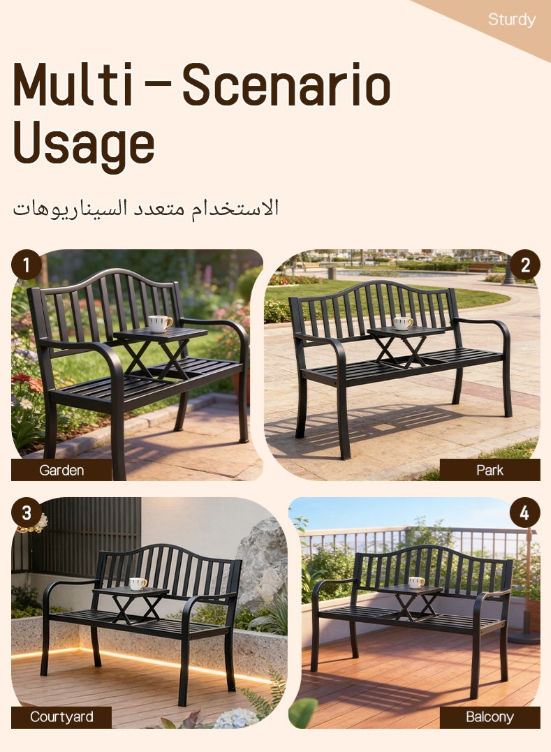 Black Outdoor Metal Bench with Adjustable Coffee Table | Weatherproof 2-Seater Patio Bench for Garden, Balcony & Backyard, Heavy-Duty 200kg Load-Bearing - Image 2