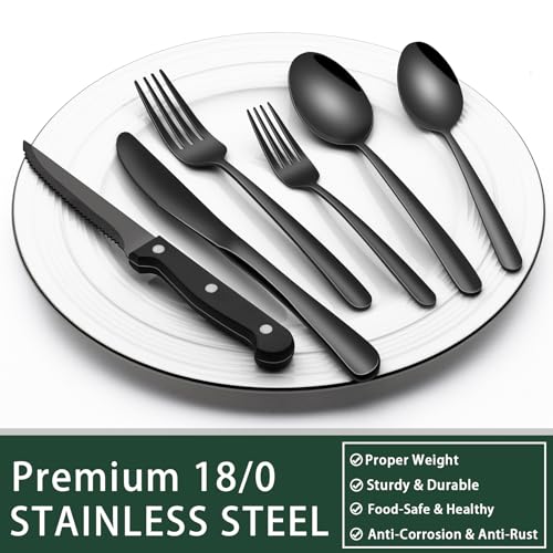 EWFEN Black Heavy Duty Silverware Set, 24-Piece Stainless Steel Flatware Set with Steak Knives for 4, Food-Grade Tableware Cutlery Set, Utensil Sets for Home Restaurant, Mirror Finish, Dishwasher Safe - Image 5