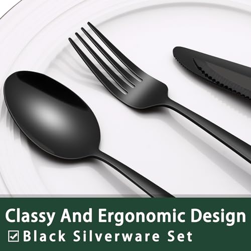 EWFEN Black Heavy Duty Silverware Set, 24-Piece Stainless Steel Flatware Set with Steak Knives for 4, Food-Grade Tableware Cutlery Set, Utensil Sets for Home Restaurant, Mirror Finish, Dishwasher Safe - Image 3