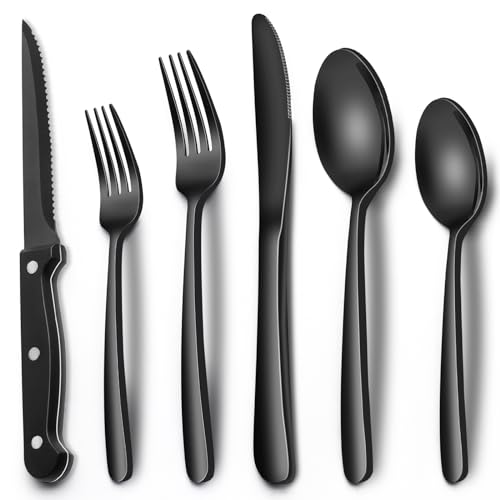EWFEN Black Heavy Duty Silverware Set, 24-Piece Stainless Steel Flatware Set with Steak Knives for 4, Food-Grade Tableware Cutlery Set, Utensil Sets for Home Restaurant, Mirror Finish, Dishwasher Safe - Image 1
