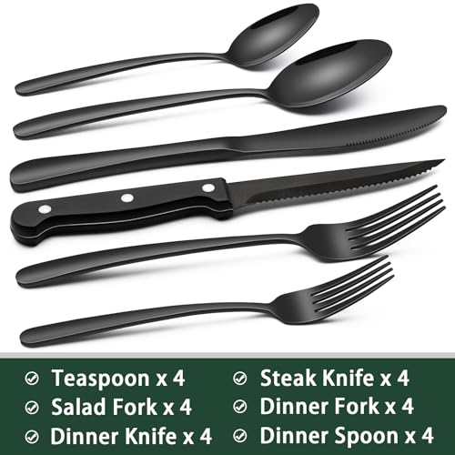 EWFEN Black Heavy Duty Silverware Set, 24-Piece Stainless Steel Flatware Set with Steak Knives for 4, Food-Grade Tableware Cutlery Set, Utensil Sets for Home Restaurant, Mirror Finish, Dishwasher Safe - Image 2