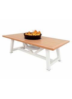 Light Rectangular Wood-Burning Fire Pit Table for Patio – 160x80x52 cm, Multi-Functional Outdoor Dining Table with Fire Pit Center, Robust for Garden or Backyard, Natural Teak/White