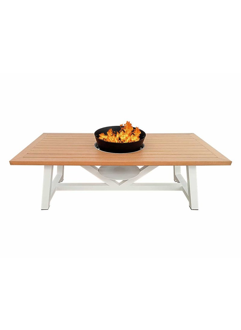 NABCO - Light Rectangular Wood-Burning Fire Pit Table for Patio – 160x80x52 cm, Multi-Functional Outdoor Dining Table with Fire Pit Center, Robust for Garden or Backyard, Natural Teak/White - Image 1