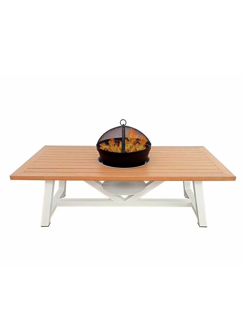 NABCO - Light Rectangular Wood-Burning Fire Pit Table for Patio – 160x80x52 cm, Multi-Functional Outdoor Dining Table with Fire Pit Center, Robust for Garden or Backyard, Natural Teak/White - Image 1