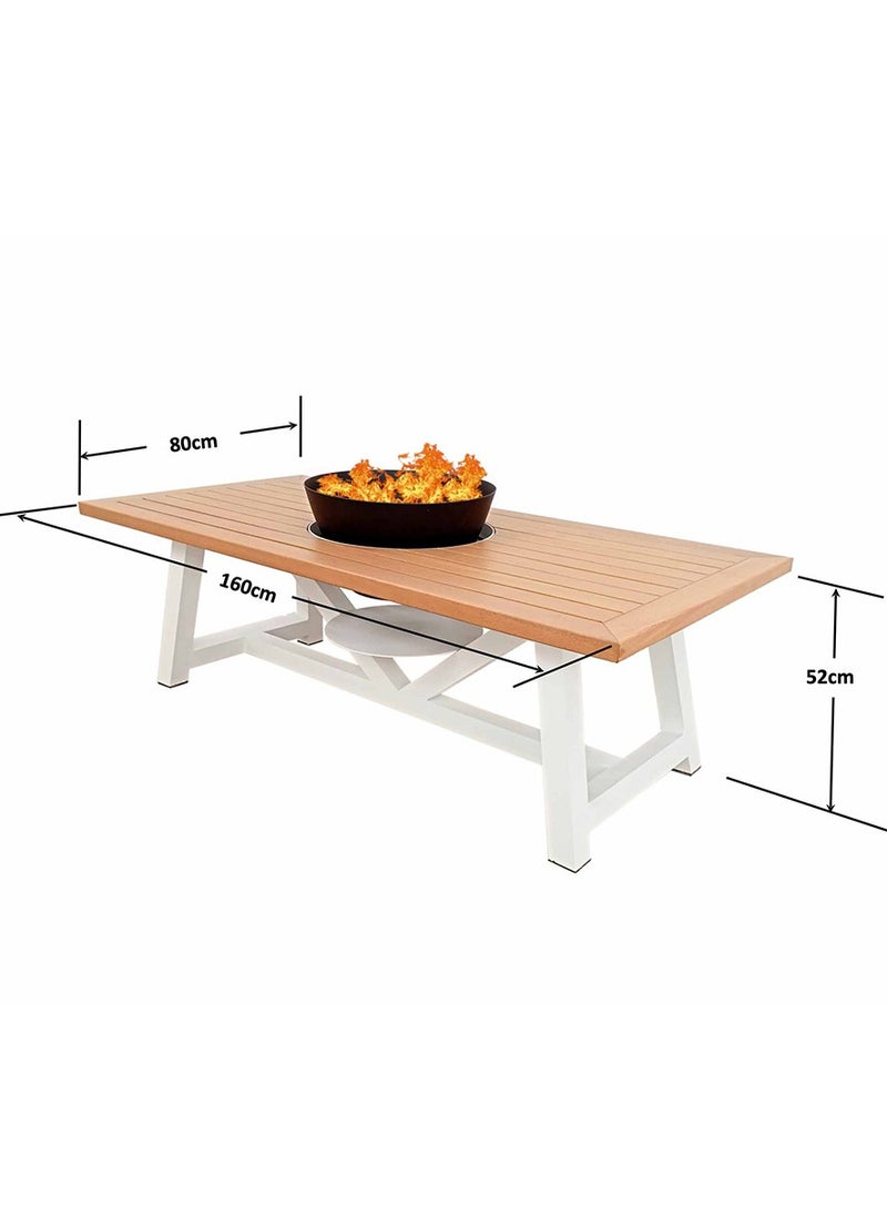NABCO - Light Rectangular Wood-Burning Fire Pit Table for Patio – 160x80x52 cm, Multi-Functional Outdoor Dining Table with Fire Pit Center, Robust for Garden or Backyard, Natural Teak/White - Image 1